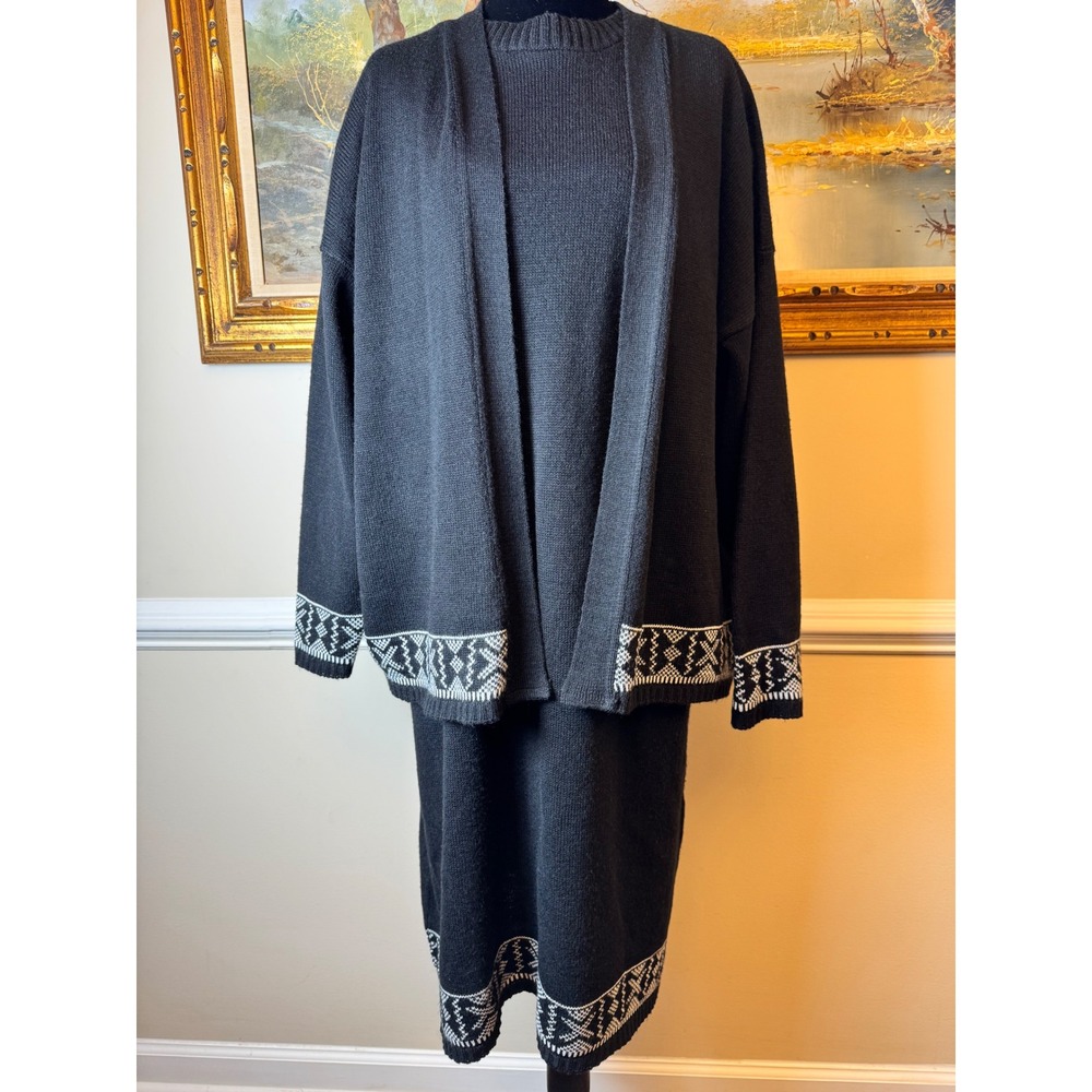 Breeze Vintage 90s Black Knit Sweater Dress & Cardigan Set Geometric Border XL